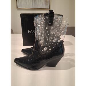 Fashion Nova Cowgirls Do It Better Boots Size 11 Black Croc Clear Rhinestone